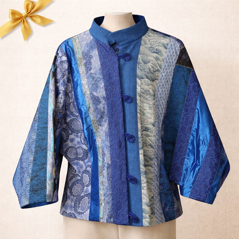 Art To Wear Blue Patchwork Jacket Structured Mandarin Collar